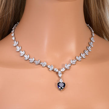 CZ Sapphire Dream Inspired By Blue Heart Of The Ocean Necklace Set, Long Bridal Jewelry, Titanic Statement Earrings.